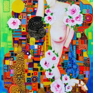 Femme artiste avec robes colorées et fleurs, style moderne et vibrant.