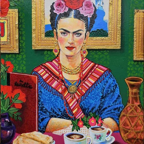 Femme en costume folklorique mexicain, peinture vibrante et détaillée.