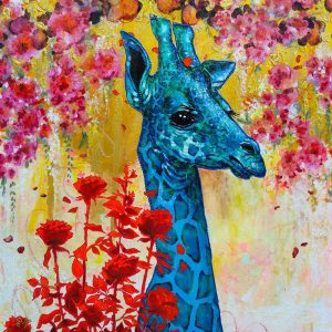 Giraffe en couleurs vives dans un paysage floral dynamique. Peinture moderne de l’artiste peintre Amylee.
