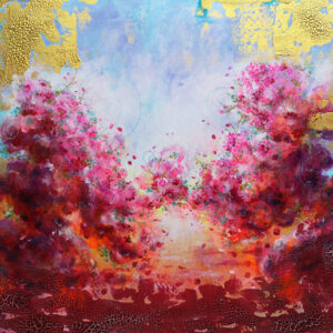 Palette florale avec éclats dorés, peinture contemporaine pleine de couleurs et d'émotion.