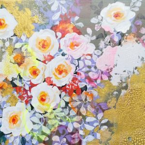Œuvre florale abstraite aux couleurs vives et textures riches, signée par l'artiste peintre Amylee.